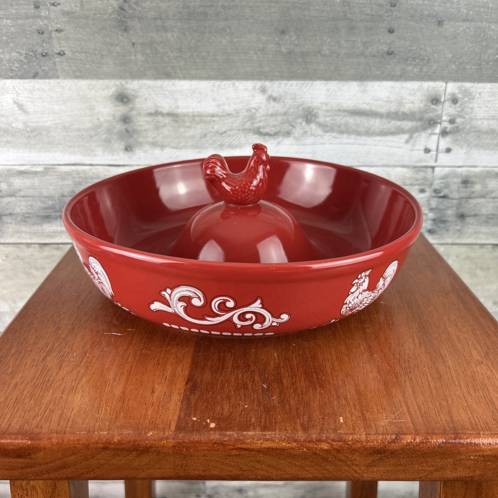 Temp-tations 11 inch Bowl w Raised Doodle Doo Red Center by Tara@